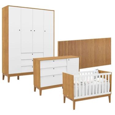 Imagem de Quarto de Bebê Unique 4 Portas com Cômoda Sapateira e Painel Ripado Freijó Branco Soft Eco Wood - Matic