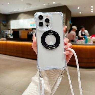 Imagem de Capa com alça de quatro cantos para iPhone 15 14 13 12 Pro XS Max X Plus 11 Pro cordão crossbody cordão à prova de choque capa magnética transparente, transparente, para iPhone15 Pro Max
