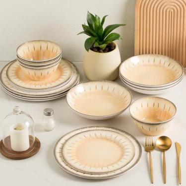 Imagem de Conjunto de louça de melamina MissYip, 16 peças para 4, conjunto de pratos e tigelas de plástico de cozinha inquebráveis, utensílios de mesa para uso interno e externo, sem BPA, pode ser lavado na