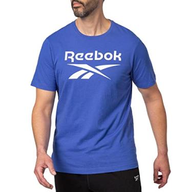 Imagem de Reebok Camiseta slim fit com gola redonda empilhada | Camiseta masculina estampada pronta para treino | Camisetas 100% algodão, Azul vetor, P