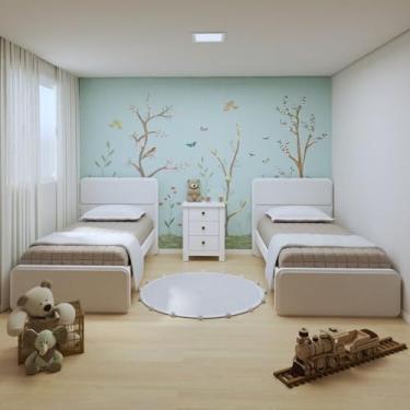 Imagem de Quarto Infantil com 2 Camas de Solteiro Loop e 1 Mesa de Cabeceira Maggiore Branco