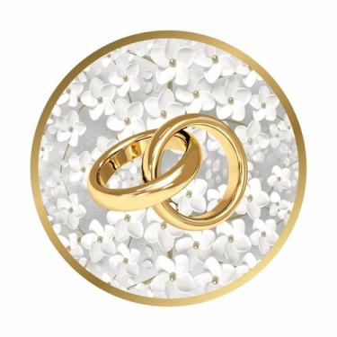 Imagem de Painel de Lona Redondo Alianças Casamento Flores Brancas Aro Dourado -