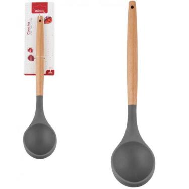 Imagem de Concha de Silicone com Cabo de Madeira 31 cm Grafite - Well - Wellmix