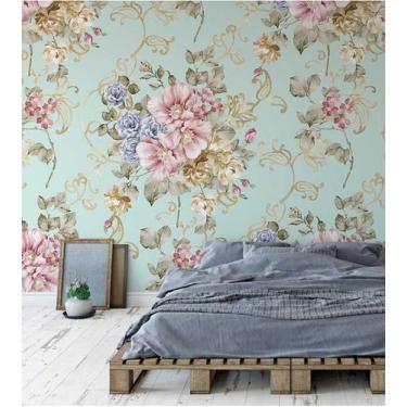 Imagem de Papel de parede flores rosas e roxa com fundo verde marinho - PAPEL E 