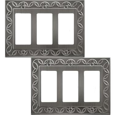 Imagem de OKAWYC Capa decorativa tripla para interruptor de luz NovaBloom, placa de parede de metal, pacote com 2, estanho acetinado escovado, níquel antigo, 3 gangues, interruptor de controle de intensidade de