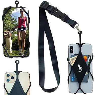 Imagem de Capa de cordão para celular com cordão de poliéster e suporte para celular de silicone da Gecko Travel Tech (gola preta - diamante preto)