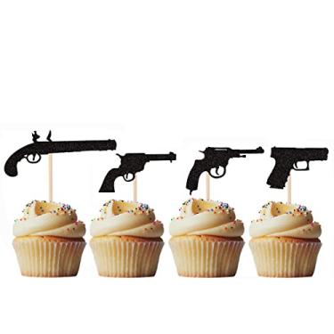 Imagem de Morndew 24 peças de topos de cupcake de pistola de glitter preto para tiro temático de festa de aniversário, chá de bebê, decorações de festa de casamento