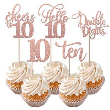 Imagem de Rsstarxi 30 Pack 10th Birthday Cupcake Toppers Rose Gold Glitter Ten Double Hello 10 Cupcake Picks Cheers to 10 Years Old Cake Decorations for 10th Birthday Party Supplies