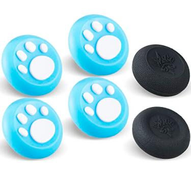 Imagem de 9CDeer Conjunto de 6 manípulos analógicos Joystick compatível com PS5, PS4, Xbox Series X/S Xbox One, controle Switch Pro, pata de gato, azul e branco