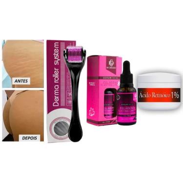 Imagem de Kit Microagulhamento p/ Estrias: Dermaroller + Sérum Colágeno + Retinó