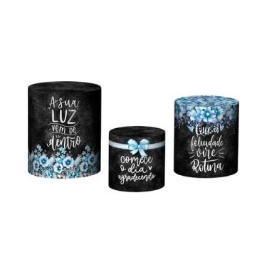 Imagem de Trio De Capa Cilindro - Gratidão Chalkboard Flores Azuis 031 - Via Cor
