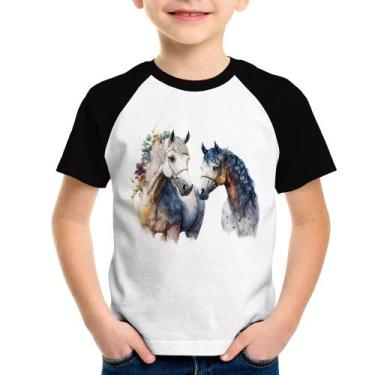 Imagem de Camiseta Raglan Infantil Casal de Cavalos Watercolor - Foca na Moda, B