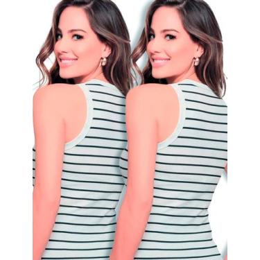 Imagem de Kit 2 Blusas Regata Canelada Nadador Feminina Listrada Preta Branca Ri