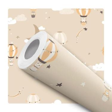 Imagem de Papel de Parede Adesivo Ilustração Infantil Bichinhos Céu Balão Bege D