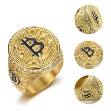 Imagem de Dedeira Masculina Bitcoin Dinheiro Ouro 18K Luxo Cravejado Zircônia - 