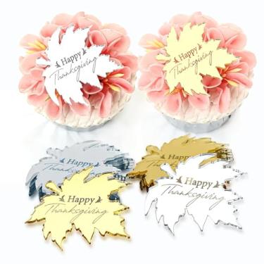 Imagem de AiQi Bakes 12 Pieces Happy Thanksgiving Mirror Acrylic Cupcake Toppers, Maple Leaf Shape For Mini Cake Decoration Party Supplies (Multicolor)