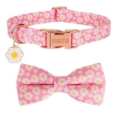 Imagem de ADOGGYGO Coleira floral para cães com gravata borboleta, coleira de margarida branca com fivela de metal, coleira floral rosa ajustável para cães pequenos (pequena)
