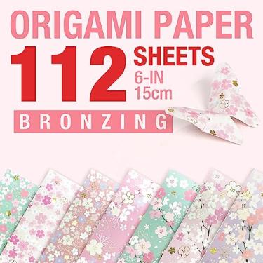 Imagem de cutblajat 112 Folhas de Papel Origami Mais Pesado Japonês Flor de Cerejeira Padrão Sakura Bronzeamento Chiyogami 6 "15Cm Washi Papel Fácil de Dobrar para Iniciantes