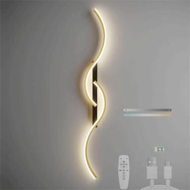 Imagem de Lâmpada de parede LED linear regulável com arandela de parede de controle remoto moderna alimentada por bateria recarregável por USB luz de parede interna sem fio de alumínio ondulada para sala de