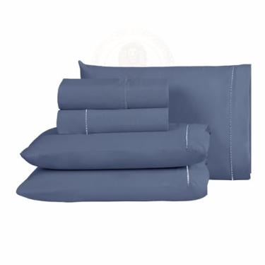 Imagem de Jogo de Lençol Roupa Cama 100% Algodao 300 Fios 198x158x35 6 Peças (Marinho, Queen)