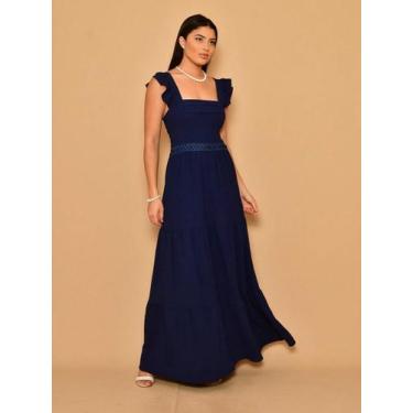 Imagem de Vestido longo luxo duna lisa com babada na manga renda na cintura 1943