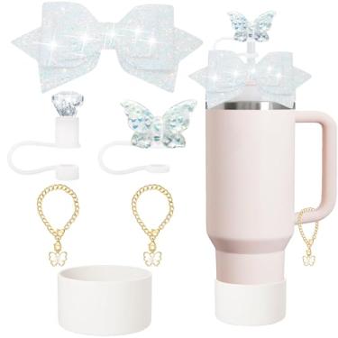 Imagem de XIANGYUAN Acessórios Stanley Charm, laço e tampa de canudo de diamante, acessórios Stanley Cup 40/850.5 g com Charm Unlimited Stanley Cup, acessórios exclusivos para copos (branco)