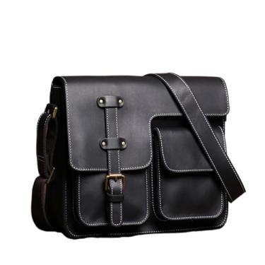 Imagem de Bolsa crossbody vintage masculina de couro genuíno bolsa de ombro casual retrô bolsa mensageiro de qualidade para homens(Black)