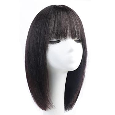 Imagem de Lindo Perucas pretas longas e retas para mulher peruca longa de cabelo humano com franja perucas retas de comprimento médio em camadas para mulheres negras cabelo humano (16"/42 cm) Ajustável