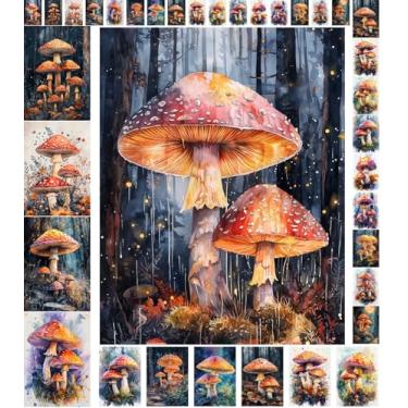 Imagem de Pacote de papel de decoupage (35 folhas 15 x 20 cm) Fungos da floresta: cogumelos Amanita encantadores em cenas de floresta mística com tampas úmidas, iluminação suave e brilho etéreo FLONZ Vintage