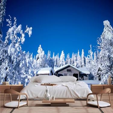 Imagem de Lcythiazole Papel de parede de cena de neve de tamanho personalizável mural de cabine de floresta de neve linda foto adequada para sala de estar quarto estudo autoadesivo removível