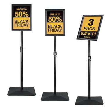 Imagem de Golemas Suporte de sinalização ajustável para exibição, com base de ferro atualizada, suporte de sinalização de piso de pedestal para publicidade externa ou interna (8,5 x 11, preto, pacote com 3)
