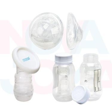 Imagem de kit 1 par de  concha de amamentação, bomba manual e 2 recipientes de l