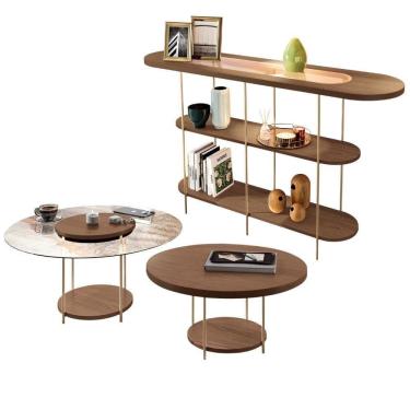 Imagem de Kit Aparador Para Sala Friesen Com 02 Mesas De Centro Redonda Allure B01 Castanho - Lyam Decor