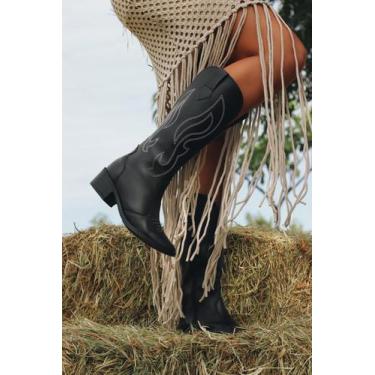 Imagem de Bota Texana Feminina Cano Alto western Bico Fino Bordada Estilo Countr