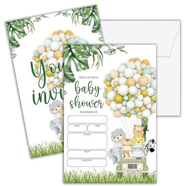 Imagem de Cazhes Convites de chá de bebê para meninos, 25 convites de chá de bebê safári na selva dupla face com envelopes, animais da floresta decorações de festa suprimentos lembrancinhas - D02