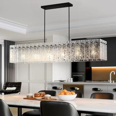 Imagem de Danshinro Lustre De 4 Pés De Comprimento Para Sala De Jantar - Luminária De Sala De Jantar Preta Com Design De Cristal Linear Com Vidro Ondulado E Retângulo Grande E 6 Lâmpadas E26 De 60 W (Não Inc
