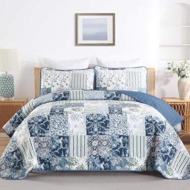 Imagem de Drucon Conjunto de colcha com estampa de patchwork, tamanho Queen, conjunto de colcha reversível xadrez azul 3 peças para todas as estações, conjunto de cama de microfibra macia Queen 228,6 cm x 243,8