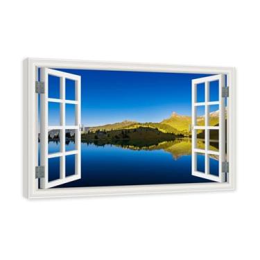 Imagem de PY3H69 Arte de parede em tela de janela aberta, impressão natural em tela. Lindo cenário de montanha 53 cm, decoração de parede de paisagem de janela, decoração de casa moderna. Moldura interna 40 x