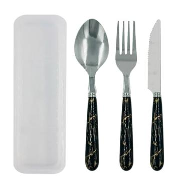 Imagem de Kit Talheres em Inox 3 Peças Garfo Faca Colher Com Estojo Portatil Reutilivazel - Para Marmita, Lanche, Escolar, Viagem e Camping Premium MZZC (Preto Marmorizado)