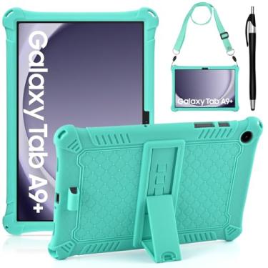 Imagem de DETUOSI Capa compatível com Samsung Galaxy Tab A9 Plus de 11 polegadas 2023, com alça de ombro e caneta Stylus, capa multiângulo de silicone macio para tablet Galaxy Tab A9+ SM-X210/X216/X218, verde