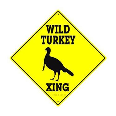 Imagem de Placa de latão de metal Wild Turkey Xing Crossing Caution Animal Farm Ranch Hunter Road Decor Placa de diamante para decoração de parede interna e externa Placa quadrada de quintal 20 cm x 20 cm