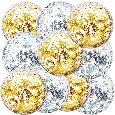 Imagem de 10 bolas infláveis de praia para piscina com glitter, bola de confete flutuante para o verão, praia, piscina e lembrancinha de festa, bola de geleia transparente, 40 cm (ouro, prata)