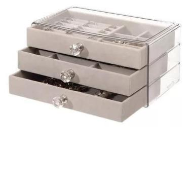 Imagem de Porta Joias Veludo Com Acrílico 3 Camadas Gavetas Divisória - Cristal