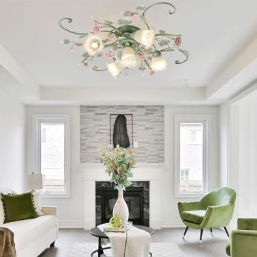 Imagem de Lâmpada De Teto Para Sala De Estar Vintage Luz De Teto Para Tetos, Rosa Vermelha Controle De Parede Regulável Metal Vidro Floral Moderno Luz De Teto Quarto E27, 5 heads/85cm