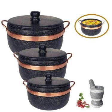 Imagem de Jogo com 3 Panelas de Pedra Sabão + Pilão Alto - Arte Nativa