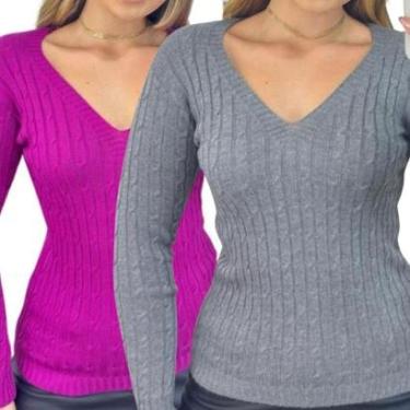 Imagem de Kit 2 Blusas Femininas Industrie Suéter Malha Tricô Lilás e Chumbo Manga Longa Tamanho:Único;Cor:-Feminino