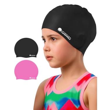 Imagem de Pacote com 2 toucas de natação para crianças - touca de natação para cabelos longos e curtos - Toucas de natação de silicone para meninas e meninos, touca de natação para crianças de 3 a 15 anos