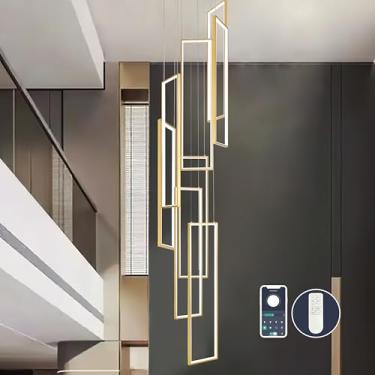 Imagem de AyshwillDec Ayshwilldec Lustre Moderno De Led Dourado, Luminária Ajustável Para Teto Alto, Iluminação Pendente De Led Regulável, 8 Anéis, Lustre Retangular Para Escada, Lustres Grandes Contemporâneo