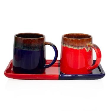 Imagem de Conjunto feito à mão de 2 canecas de café de cerâmica de 290 ml com bandeja de porcelana xícaras de chá de café da manhã estilo boho cortado cappuccino expresso latte kulhad chai micro-ondas e