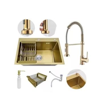 Imagem de KIt Cuba Quadrada Gourmet Dourada Pia com Acessórios e Torneira Flexivel Aço Inox Brinovar